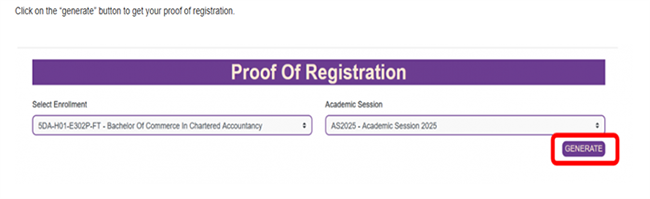 Click on the GENERATE button to get your proof of registration
