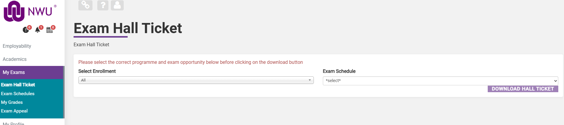 Exam Hall Ticket download screen