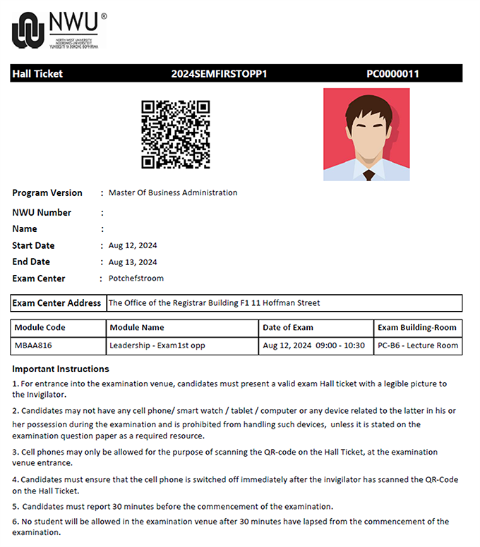 Example of an NWU Exam Hall Ticket
