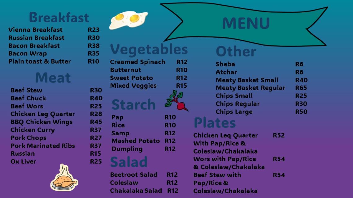 NWU Mahikeng Cafeteria Student Centre Menu