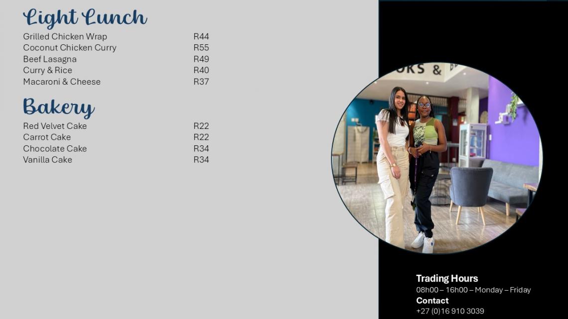 NWU Vanderbijlpark Books & Beans Coffee Shop Menu