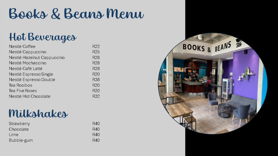 NWU Vanderbijlpark Books & Beans Coffee Shop Menu
