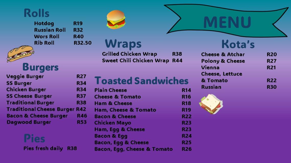NWU Vanderbijlpark Student Centre Cafeteria Menu