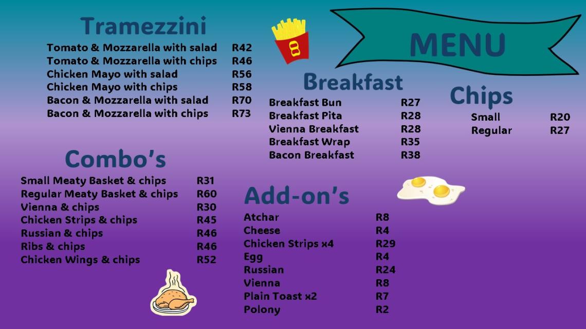 NWU Vanderbijlpark Student Centre Cafeteria Menu