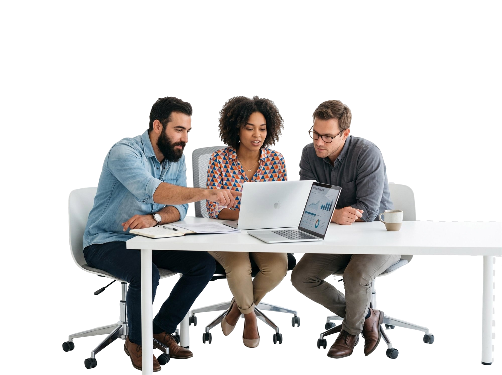 Three people collaborating at a desk using laptops