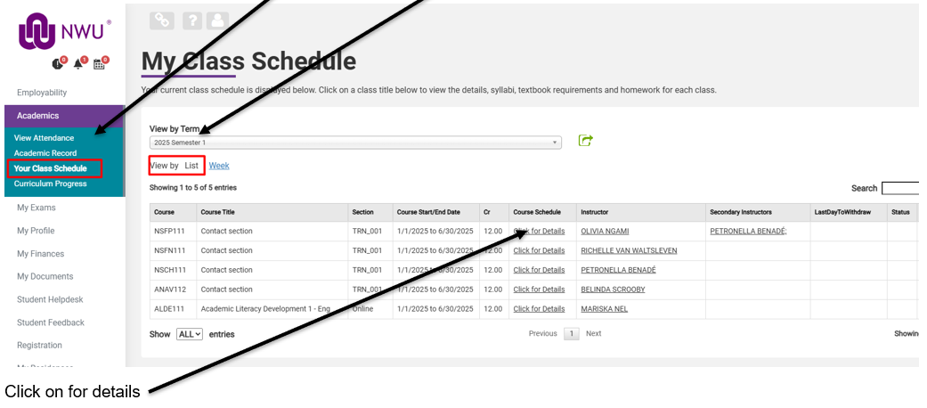 SIS class schedule